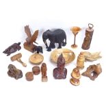 Various carved and turned wood items, including bowls, animals etc