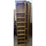 A pair of narrow tall pine 5-tier open bookcases, W36cm, H181cm, WITH THE OPTION TO PURCHASE THE