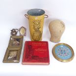 Pair of 19th century oils on board, manikin head, silver plated half-pint milk jug, beadwork panel