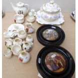 2 Victorian framed Prattware pot lids, various miniature Crested Ware ornaments etc