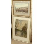 2 watercolours Sussex scenes, Edward Pelling-Fulford beach scene with monogram 10" x 14.5", Edwin LJ