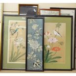 A collection of Oriental silk embroidered sleeves and panels, and 3 watercolours (6)