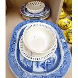 A pair of Victorian Willow pattern meat plates, 43.5cm, ironstone and other plates, creamware dish