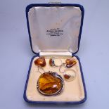 A large silver and amber set brooch, 2 silver and amber set rings, and a pair of similar earring