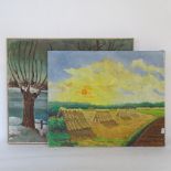 L.C. Roman (European School), 2 oil on canvases, haystacks, 45cm x 55cm, and a winter scene, 50cm