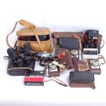 Various Vintage cameras and binoculars, including Pentax, Ronoco field optics etc