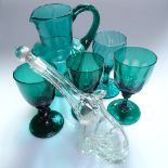 A pair of 19th century Bristol green goblets, 12cm, 2 others, a jug and an elephant design bottle
