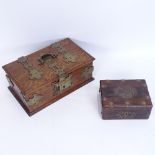 A brass-bound oak jewel box, and a small veneered sewing box, largest width 29cm (2)