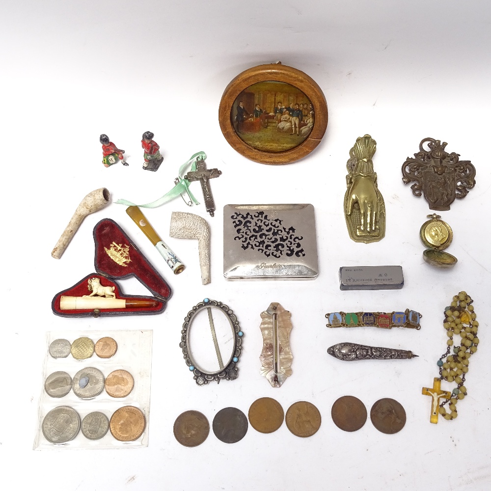 Various interesting collectables, including French silver crucifix, leather-cased novelty dog