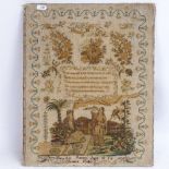 A Victorian needlework sampler, by Mary Ann Reeves aged 10 years, dated January 1846, 42cm x 34cm,