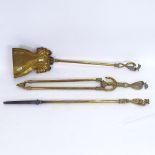 A good quality brass 3-piece fireside tool set, including shovel, poker and tongs, largest length