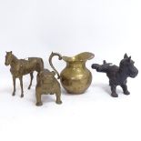 A cast-iron dog figure, 2 cast-brass animals and a brass jug, horse height 19cm (4)