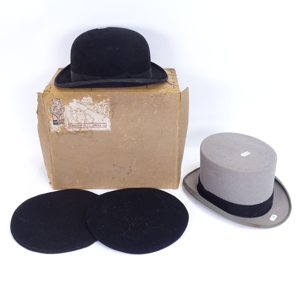 A Vintage Moss Bros grey top hat, a Lincoln Bennett & Co black bowler hat, and 2 SJAB cadet