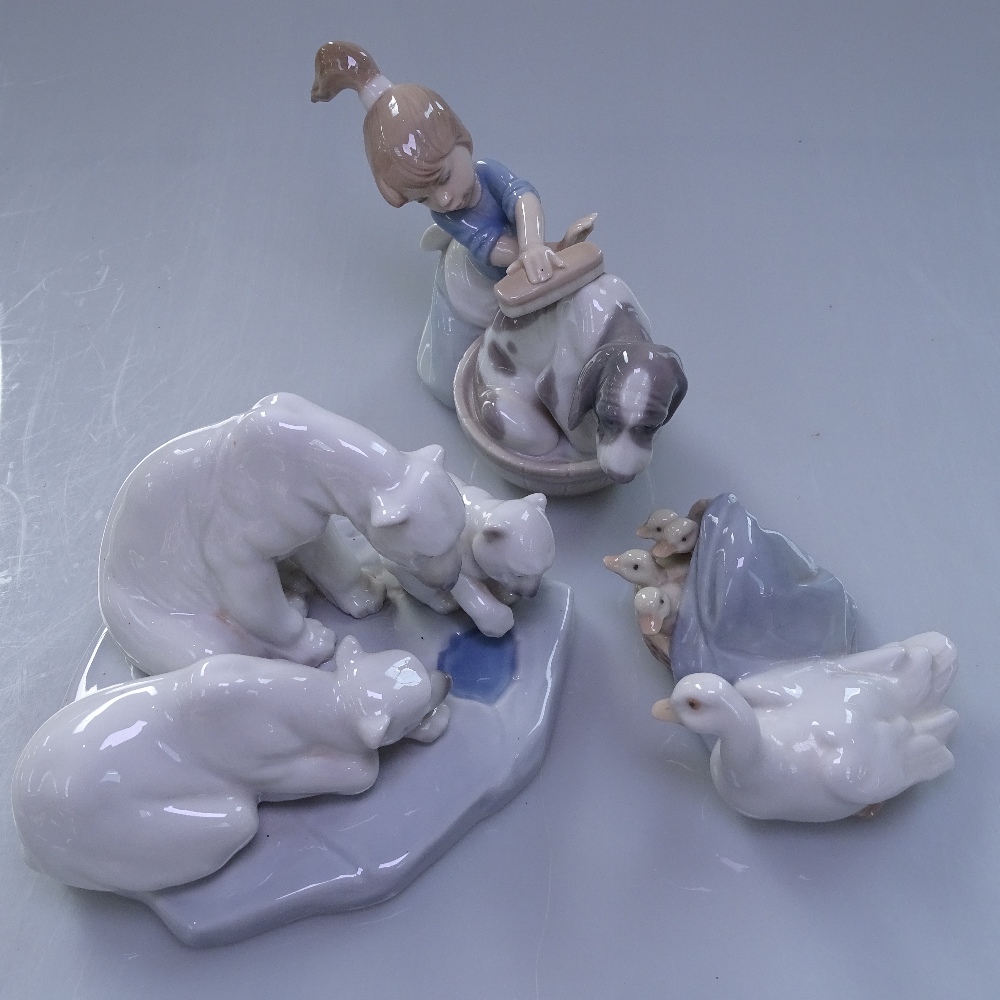 Lladro study of polar bears, duck and ducklings, and girl bathing a dog, height 12cm - Image 2 of 2