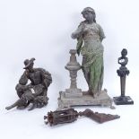 Various patinated spelter sculptures, and a wall hanging candle ornament, largest height 44cm (4)