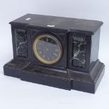 A slate and veined marble-cased architectural 8-day mantel clock, movement striking on a bell,