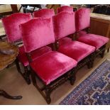 A set of 6 Ipswich oak design and crushed red velvet upholstered dining chairs, with turned legs