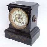 A late 20th century Ansonia Clock Co black painted cast-iron 8-day mantel clock, enamel dial with