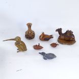 Various carved wood ornaments, including Royal Copenhagen porcelain mouse, turned wood bowls etc