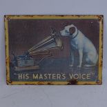 A His Master's Voice (HMV) lithographed enamel pictorial advertising sign, length 27cm