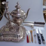 A Victorian engraved coffee pot, a silver plate on copper entree dish and cover, a candlestick,