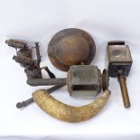 Various collectables, including Second War tin helmet, 2 glass panelled carriage lanterns, Vintage