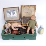 Various collectables, including Kodak camera, glass chandelier lustres, foot warming stool, dolls