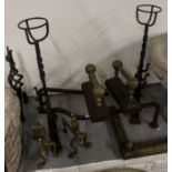 A pair of 19th century andirons, brass firedogs, fender etc