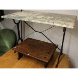 A green veined and white rectangular marble-top garden table, on wrought-iron base, W100cm