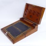 A Victorian burr-walnut folding writing slope box, with integral letter rack, fitted inkwell and