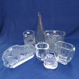6 pieces of Scandinavian glass, including a dog and pheasant sculpture by Nybro, height 17cm, and