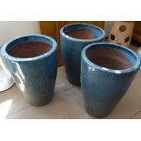 3 green glazed terracotta garden pots