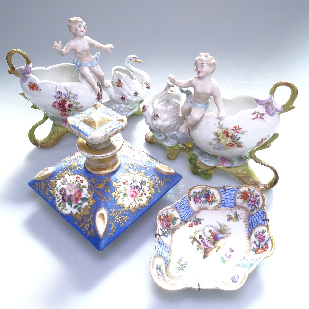 Continental porcelain scent bottle with painted floral panels, a Dresden dish, and a pair of