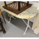 An oval marble-top garden table on wrought-iron base, W120cm
