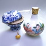 A Chinese blue and white porcelain pot and cover with 4 character mark, and a Chinese snuff bottle