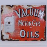 A Vintage Vacuum Mobiloil Motor Car Oils pictorial red and white enamel double-sided advertising