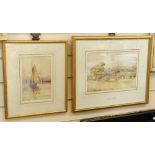 F W Morgan, watercolour, Harrow on the Hill, 18cm x 26cm, and watercolour, Continental fishing boat,