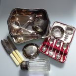 A Dutch silver plated caddy spoon, boxed cutlery, tankards, tureen etc