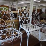 A white painted aluminium circular garden table, a pair of white painted wrought-iron chairs,