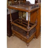 A Victorian figured walnut and marquetry decorated Canterbury, with drawer fitted to the base, W63cm