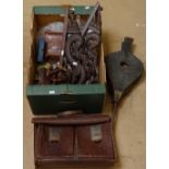 A pair of bellows, a leather briefcase, Oriental carved hardwood wall brackets etc