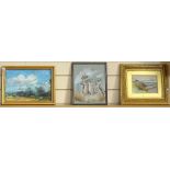 A Victorian watercolour and wash, hilltop castle and harbour view, gilt-framed, and 2 gouaches,