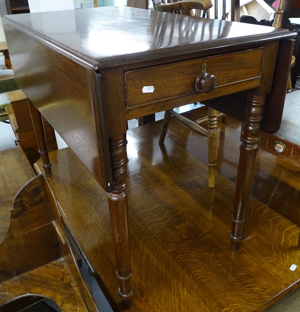 A 19th century mahogany Pembroke table, with end frieze drawer, on turned legs, W88cm