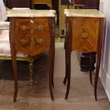 A pair of French walnut marble-top bedside chests, with 2 frieze drawers, ormolu mounts, on cabriole