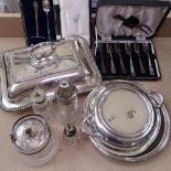 An Elkington plate White Star Line entree dish and cover, silver cutlery, a cased set of Art Deco
