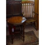 An elm-seated stick-back kitchen Windsor armchair, a walnut octagonal occasional table, and a modern