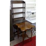 An oak oval gateleg table, an Edwardian inlaid occasional table, and oak open bookshelves (3)