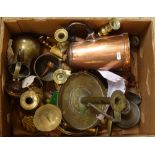 Various copper and brass, including candlesticks, Middle Eastern ewers etc