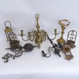 A collection of various light fittings, including brass 5-branch candelabra etc