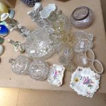 Moulded glass bowls, 3 bottles and stoppers, figures, pin trays etc